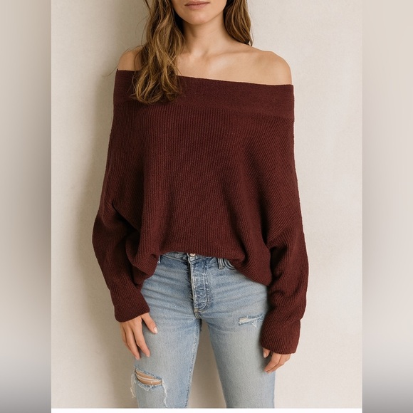 Free People Alana Burgundy Off Shoulder Slouchy Long Sleeve Top Sz Medium - Picture 1 of 6